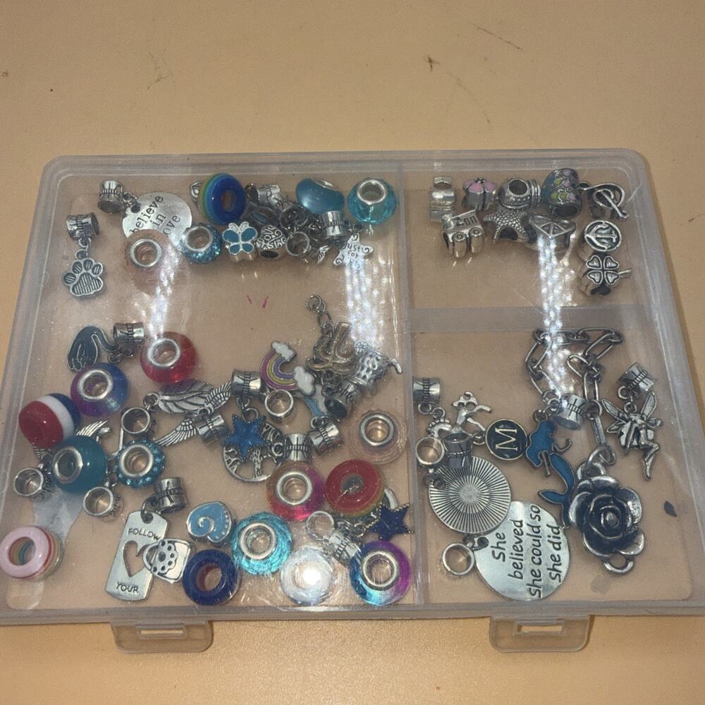 Large Hole Beads/charms Bulk lot Of 50 +Multicolor And Multi Material/case